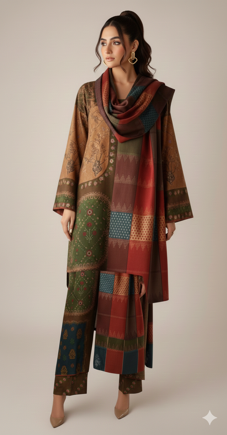 3-Piece Digital Printed Khaddar (Vintage Floral)