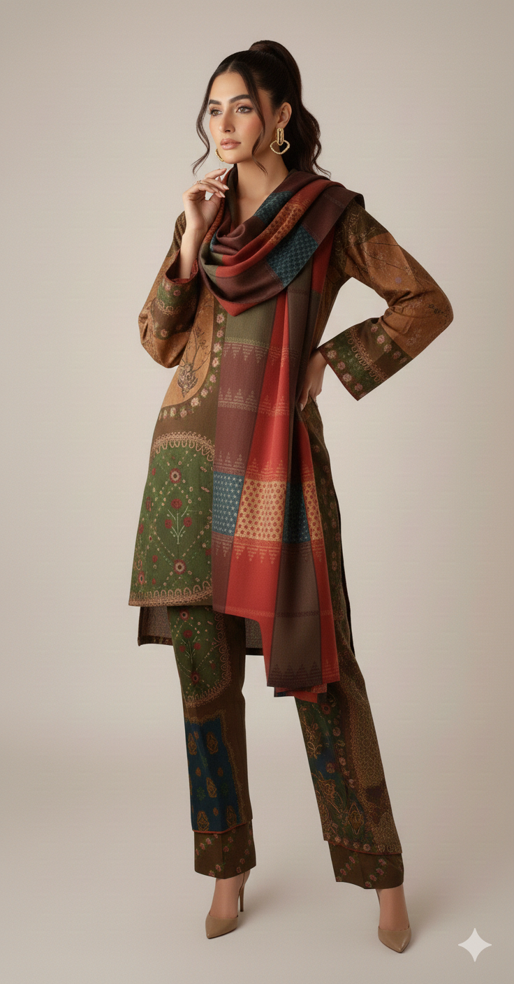 3-Piece Digital Printed Khaddar (Vintage Floral) - Image 5